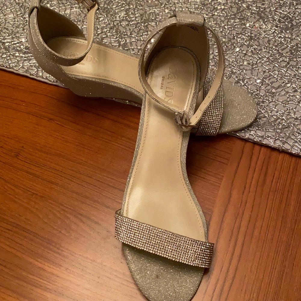 David’s bridal size 10 silver sequined shoes.  1 1/2inch heels